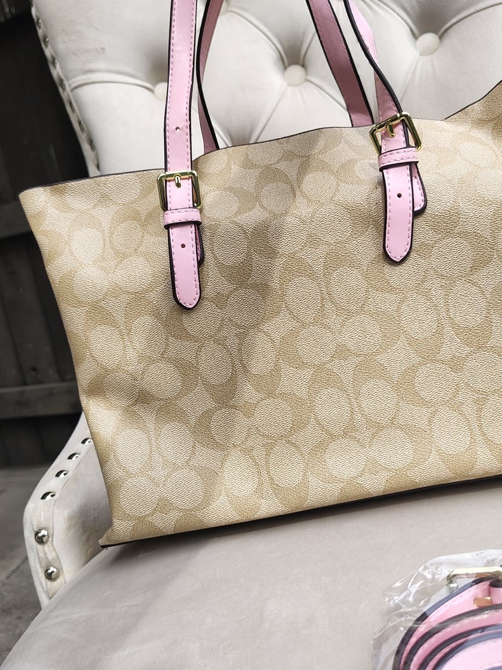 Coach Khaki Signature Canvas Tote with Pink Trim - Picture 4 of 6